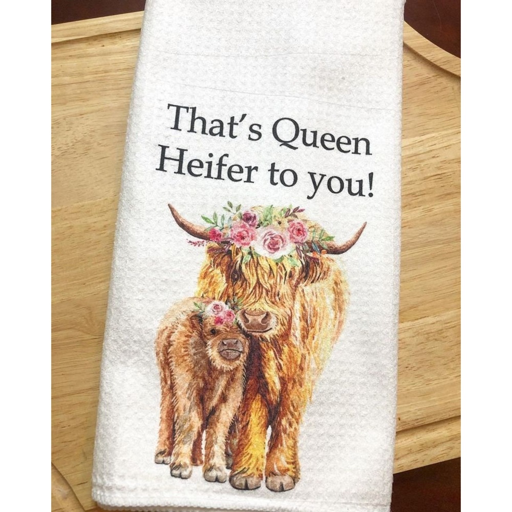 Highland Cow Hand Towel: Queen Heifer, Funny Farmhouse Kitchen Decor